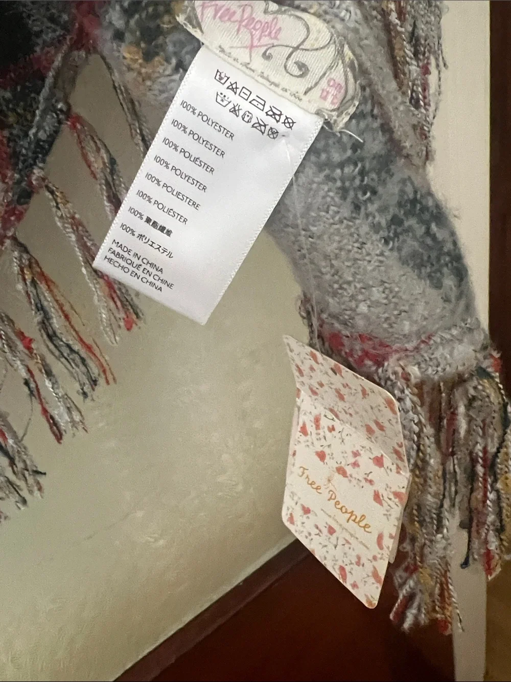 Free People Gray Plaid Fringe Wrap with Red & Yellow Accents. NWT